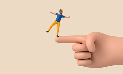 Aufkleber - A male character balancing on a large finger. 3D Rendering