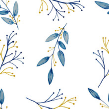 Seamless Pattern Of Blue And Yellow Branches. Ornament In Ukrainian Colors.