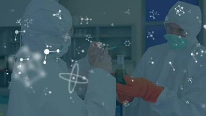 Poster - Animation of molecules over diverse scientists in ppe suits working in laboratory