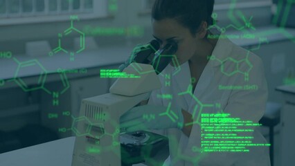 Poster - Animation of scientific data processing over caucasian female scientist with microscope