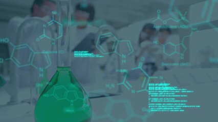 Poster - animation of scientific data processing over beaker and scientists working in laboratory