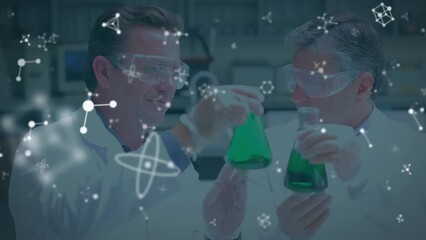 Poster - animation of molecules over caucasian male scientists working in laboratory