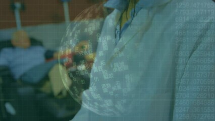 Poster - Animation of biracial female doctor using tablet over data processing