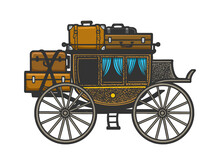 Carriage With Suitcases Color Sketch Engraving Raster Illustration. T-shirt Apparel Print Design. Scratch Board Imitation. Black And White Hand Drawn Image.
