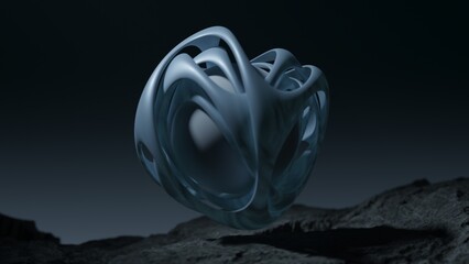 3d rendering, abstract futuristic composition. The image of a fantastic sphere on a deserted planetary landscape.