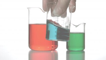 Poster - Animation of red spots over beakers with liquid on white background