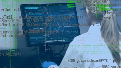 Poster - Animation of data processing over caucasian female scientist using computer