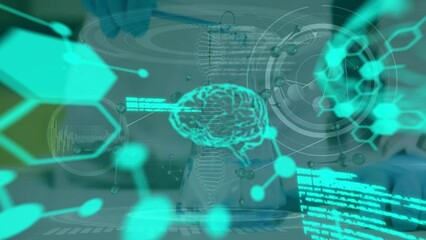 Poster - Animation of data processing and chemical formula over scientist in lab