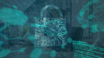 Poster - Animation of scope scanning and data processing over caucasian businessman using vr headset