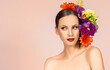 © oreans - spring-summer make up colors, portrait of beautiful blond Caucasian woman with blossom flowers. Editorial series print ready, skincare and beauty concept