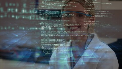 Poster - Animation of data processing over caucasian female scientist in lab
