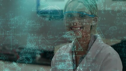 Sticker - Animation of mathematical equations over caucasian female scientist in lab