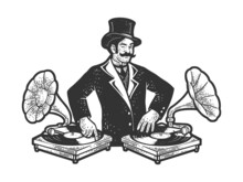 Old Fashioned DJ Disc Jockey At Mixer Console With Vintage Gramophones Phonograph Sketch Engraving Raster Illustration. T-shirt Apparel Print Design. Black And White Hand Drawn Image.