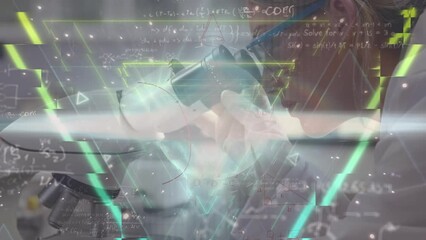 Poster - Animation of mathematical equations and triangles over caucasian female scientist in lab