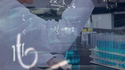 Poster - Animation of mathematical equations over caucasian male scientist in lab