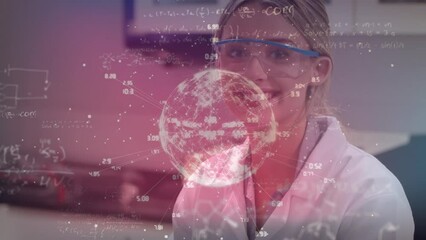 Poster - Animation of mathematical equations and globe over caucasian female scientist in lab