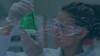 Poster - Animation of data processing over biracial female scientist with beaker
