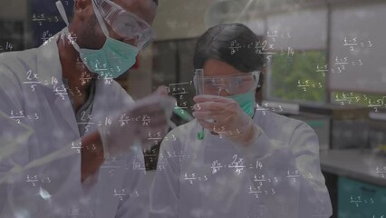 Poster - Animation of mathematical equations over diverse scientist in lab cityscape