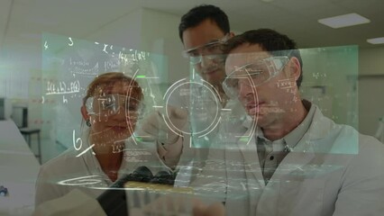 Poster - Animation of mathematical equations and scope scanning over diverse scientist in lab cityscape