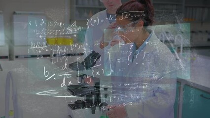 Poster - Animation of mathematical equations over diverse scientist in lab cityscape