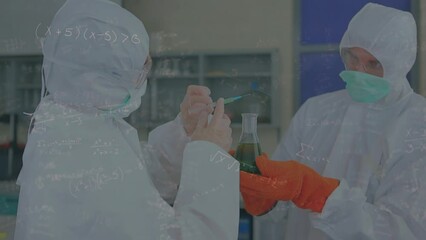 Poster - Animation of mathematical equations over diverse scientist in lab cityscape