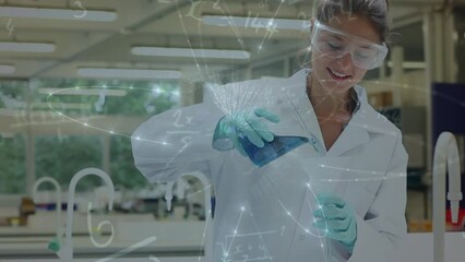 Poster - Animation of mathematical equations and globe over biracial female scientist in lab