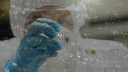 Poster - Animation of mathematical equations over caucasian male scientist in lab