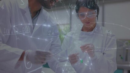 Poster - Animation of mathematical equations and globe over diverse scientist in lab cityscape