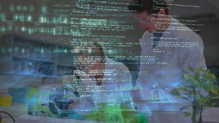 Poster - Animation of data processing over diverse scientists in lab cityscape