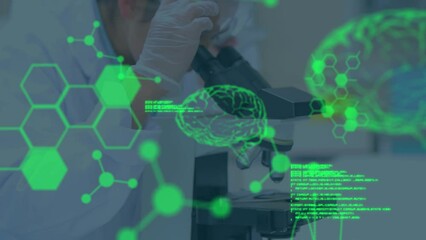 Poster - Animation of data processing over caucasian female scientist using microscope