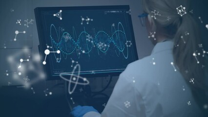 Poster - Animation of falling molecules over female caucasian scientist