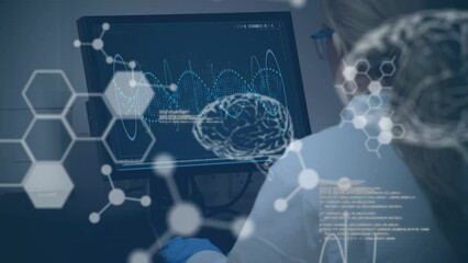 Poster - Animation of science data processing over female scientist in laboratory