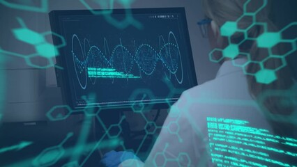 Poster - Animation of falling molecules over female caucasian scientist