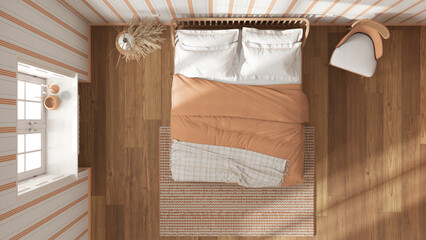 Wall Mural - Scandinavian wooden bedroom in white and orange tones, double bed with pillows, duvet and blanket, striped wallpaper, window and parquet. Top view, plan, above. Modern interior design