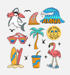 Wall Mural - Surfing theme patches, badges, stickers. Vector illustrations of sharks, surfboards, waves, sunglasses, a palm tree and a flamingo.