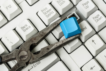 Pliers with removed blue key from a computer keyboard