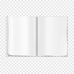 Open wire bound notebook realistic vector mockup. Metal spiral notepad spread template. White blank diary pages mock-up