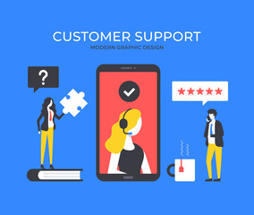 Poster - Customer support. People and mobile phone with call center operator. Customer service, business concept. Modern graphic elements set. Vector illustration