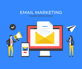 Poster - email marketing. people and computer with envelope and document. e-mail advertising. business concep