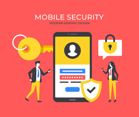 Poster - Mobile security. People and mobile form with login form. Mobile protection concepts. Modern graphic elements set. Vector illustration