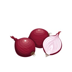 Poster - Whole bulb and red onion half flat color vector objects isolated. Vegetables cartoon style illustration