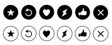 Icon Set For Application Websites. Buttons: Arrow, Like, Heart, Thumbs Up, Cross, Star. Vector Illustration.
