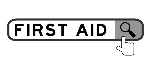 Sticker - Search banner in word first aid with hand over magnifier icon on white background