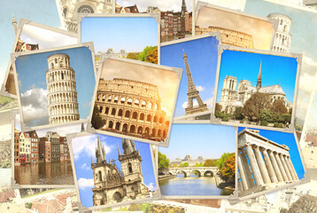 Sticker - Vintage travel background with retro photos of european landmarks