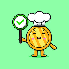 Wall Mural - Cute cartoon gold coin chef character holding correct sign in vector fruit character illustration