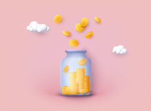 Glass Money Jar Full Of Gold Coins. Saving Dollar Coin In Moneybox. 3D Web Vector Illustrations.
