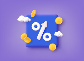 Wall Mural - Icon percent with arrow. Market analysis, investment or interest rate. 3D Web Vector Illustrations.