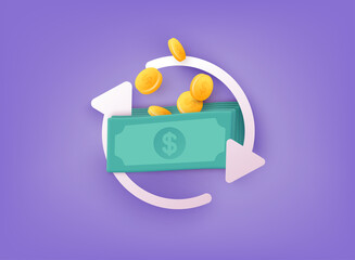 Cashback money refund icon concept.  Wallet with coins and money. 3D Web Vector Illustrations.