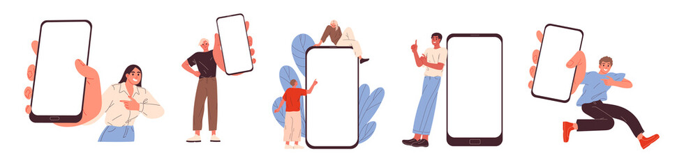 People with smartphones, empty screen advertisement mobile phone, mobile app.