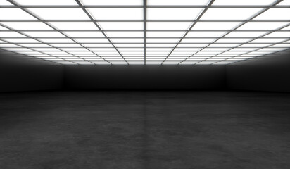 Modern empty hall room or open space with concrete floor, black wall and lights on top. 3D rendering Mockup.